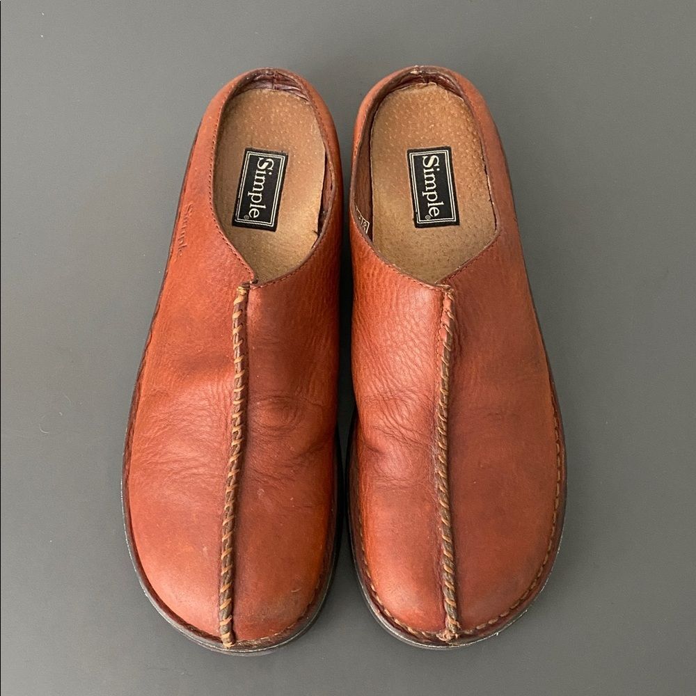 Simple Women's Cognac Brown Leather Slip-On Mule Loafers Sz 10 Boho Cottage Cozy